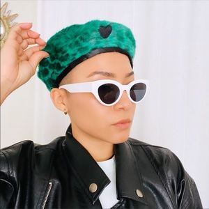 Lazy Oaf Green Leopard Print Fur Beret Hat